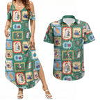 Australia Wildlife Christmas Stamp Couples Matching Summer Maxi Dress and Hawaiian Shirt Green Aussie Native Animal Seamless Pattern