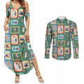Australia Wildlife Christmas Stamp Couples Matching Summer Maxi Dress and Long Sleeve Button Shirt Green Aussie Native Animal Seamless Pattern