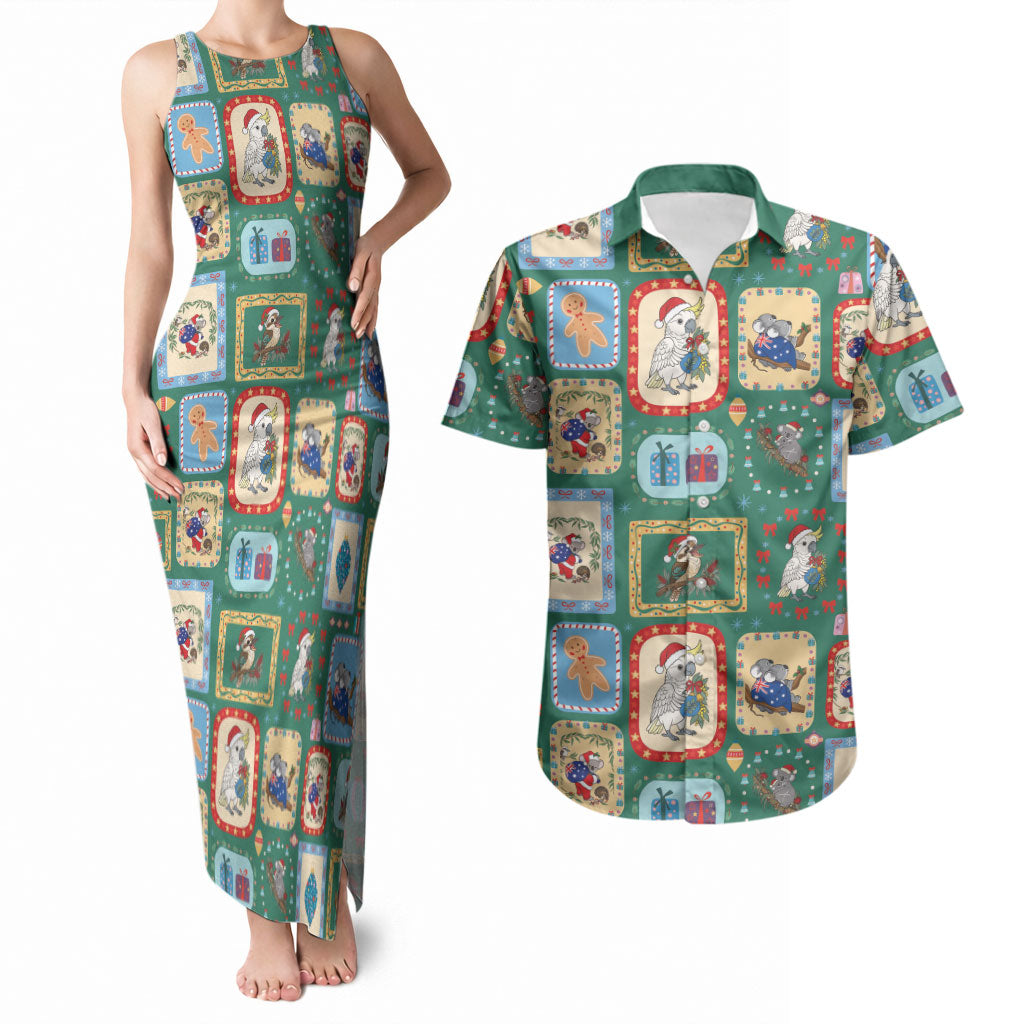 Australia Wildlife Christmas Stamp Couples Matching Tank Maxi Dress and Hawaiian Shirt Green Aussie Native Animal Seamless Pattern