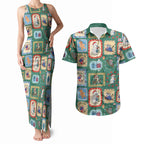 Australia Wildlife Christmas Stamp Couples Matching Tank Maxi Dress and Hawaiian Shirt Green Aussie Native Animal Seamless Pattern