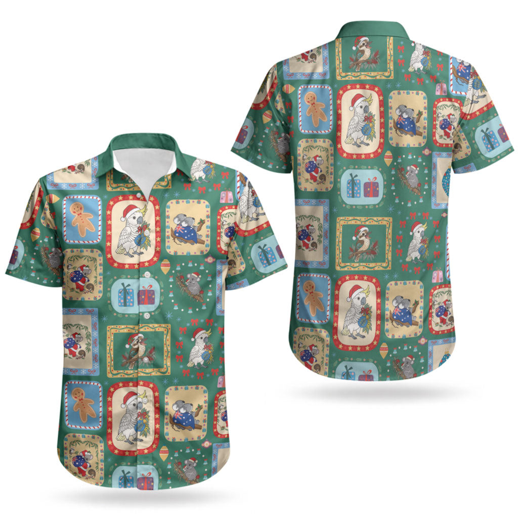 Australia Wildlife Christmas Stamp Couples Matching Tank Maxi Dress and Hawaiian Shirt Green Aussie Native Animal Seamless Pattern