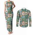 Australia Wildlife Christmas Stamp Couples Matching Tank Maxi Dress and Long Sleeve Button Shirt Green Aussie Native Animal Seamless Pattern