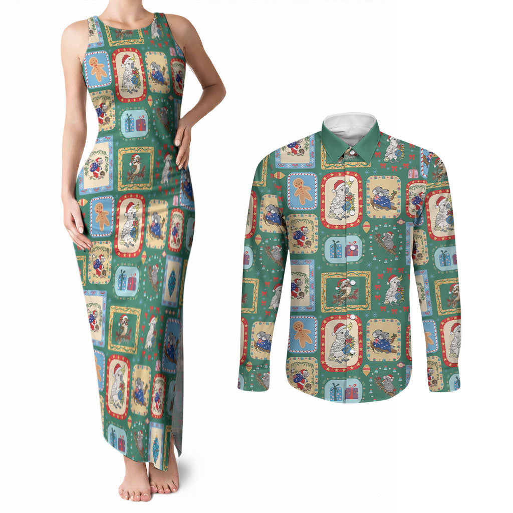 Australia Wildlife Christmas Stamp Couples Matching Tank Maxi Dress and Long Sleeve Button Shirt Green Aussie Native Animal Seamless Pattern