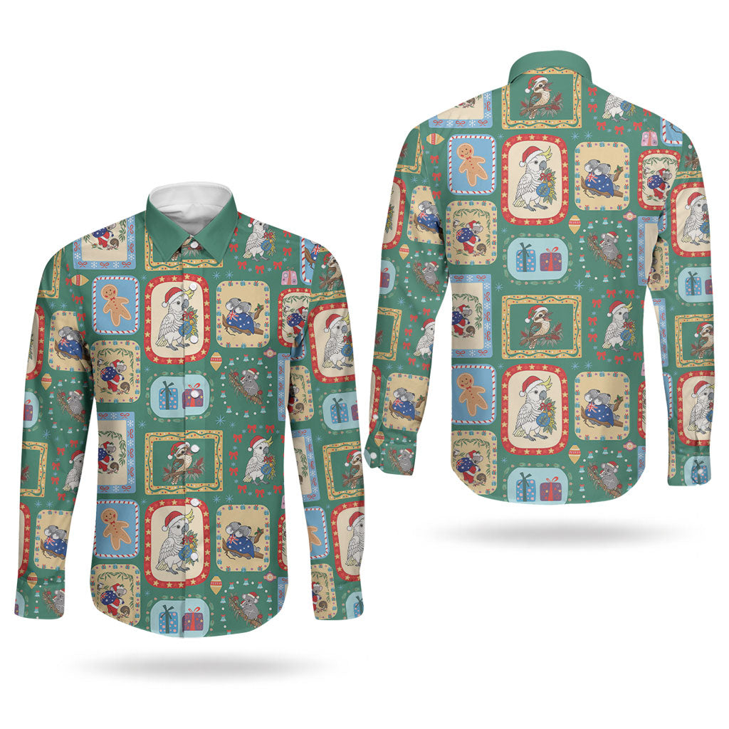 Australia Wildlife Christmas Stamp Couples Matching Tank Maxi Dress and Long Sleeve Button Shirt Green Aussie Native Animal Seamless Pattern