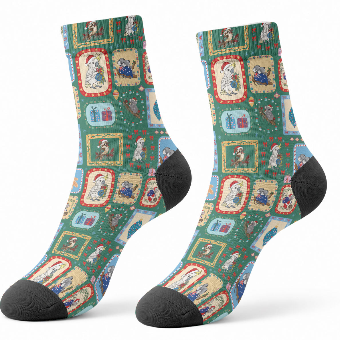 Australia Wildlife Christmas Stamp Crew Socks Green Aussie Native Animal Seamless Pattern