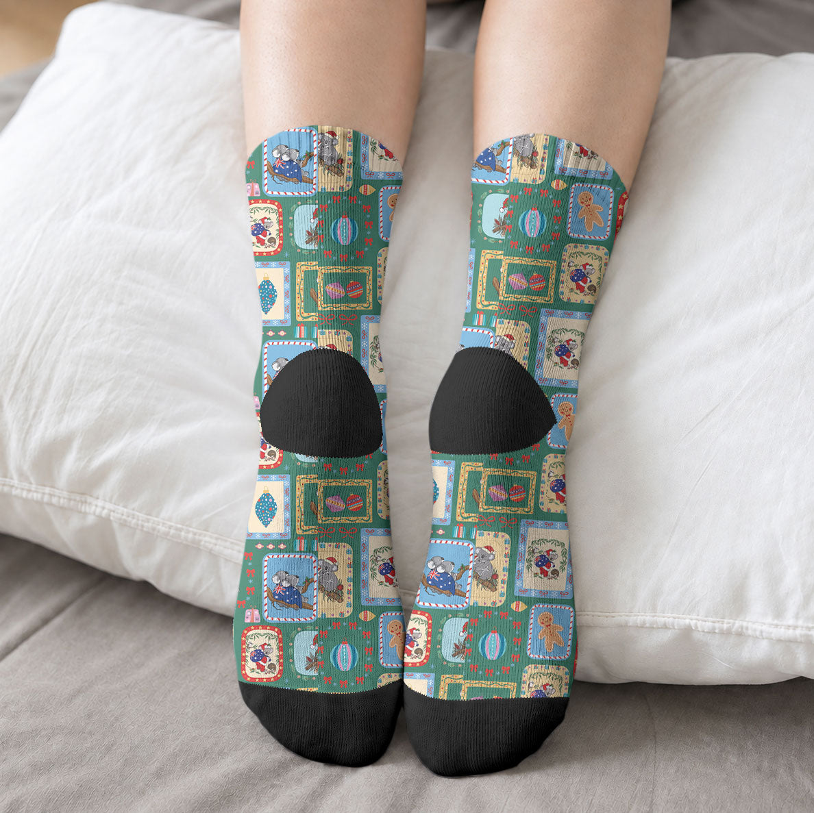 Australia Wildlife Christmas Stamp Crew Socks Green Aussie Native Animal Seamless Pattern
