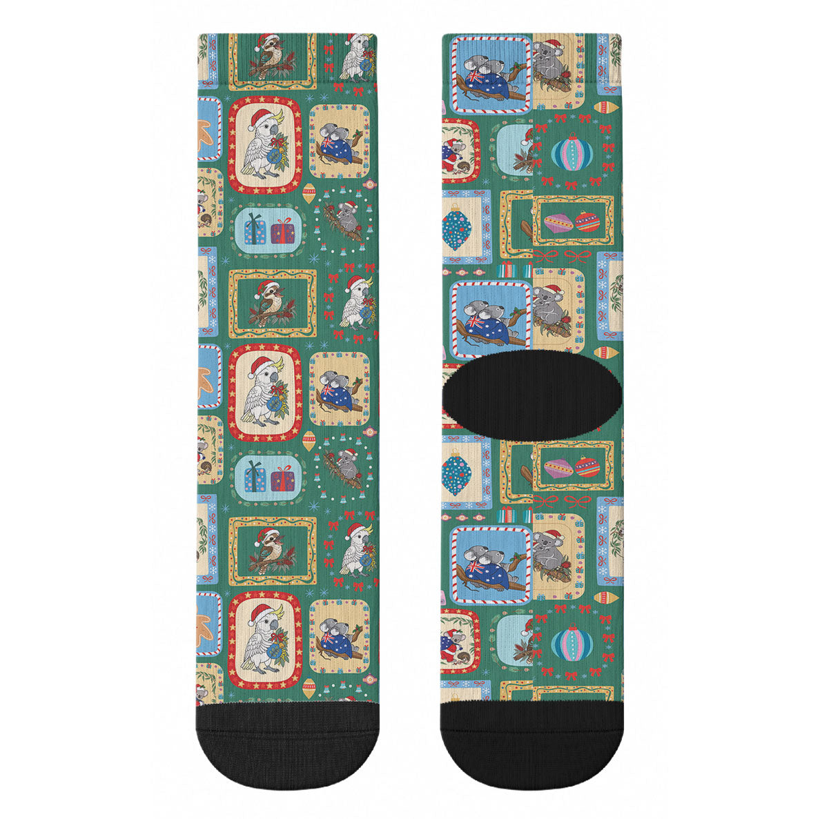 Australia Wildlife Christmas Stamp Crew Socks Green Aussie Native Animal Seamless Pattern
