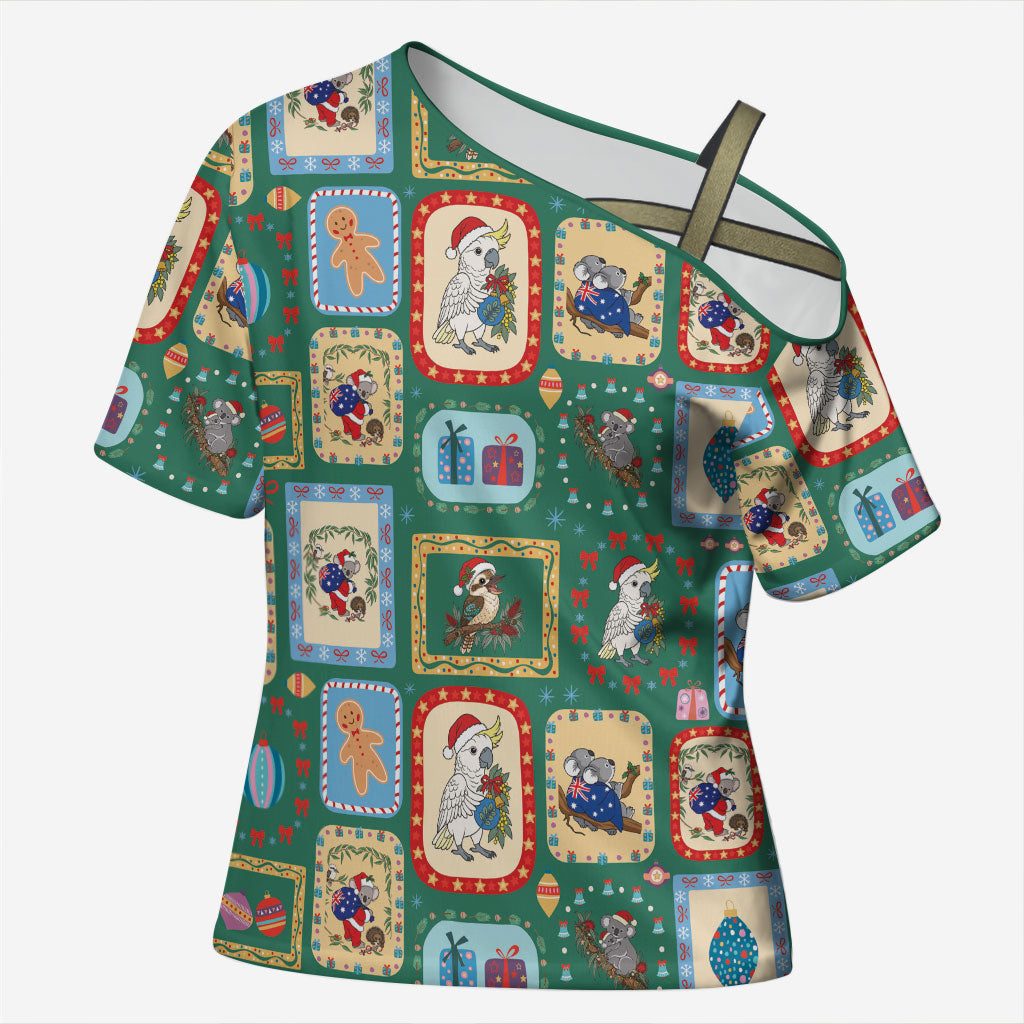 Australia Wildlife Christmas Stamp Cross Shoulder Shirt Green Aussie Native Animal Seamless Pattern