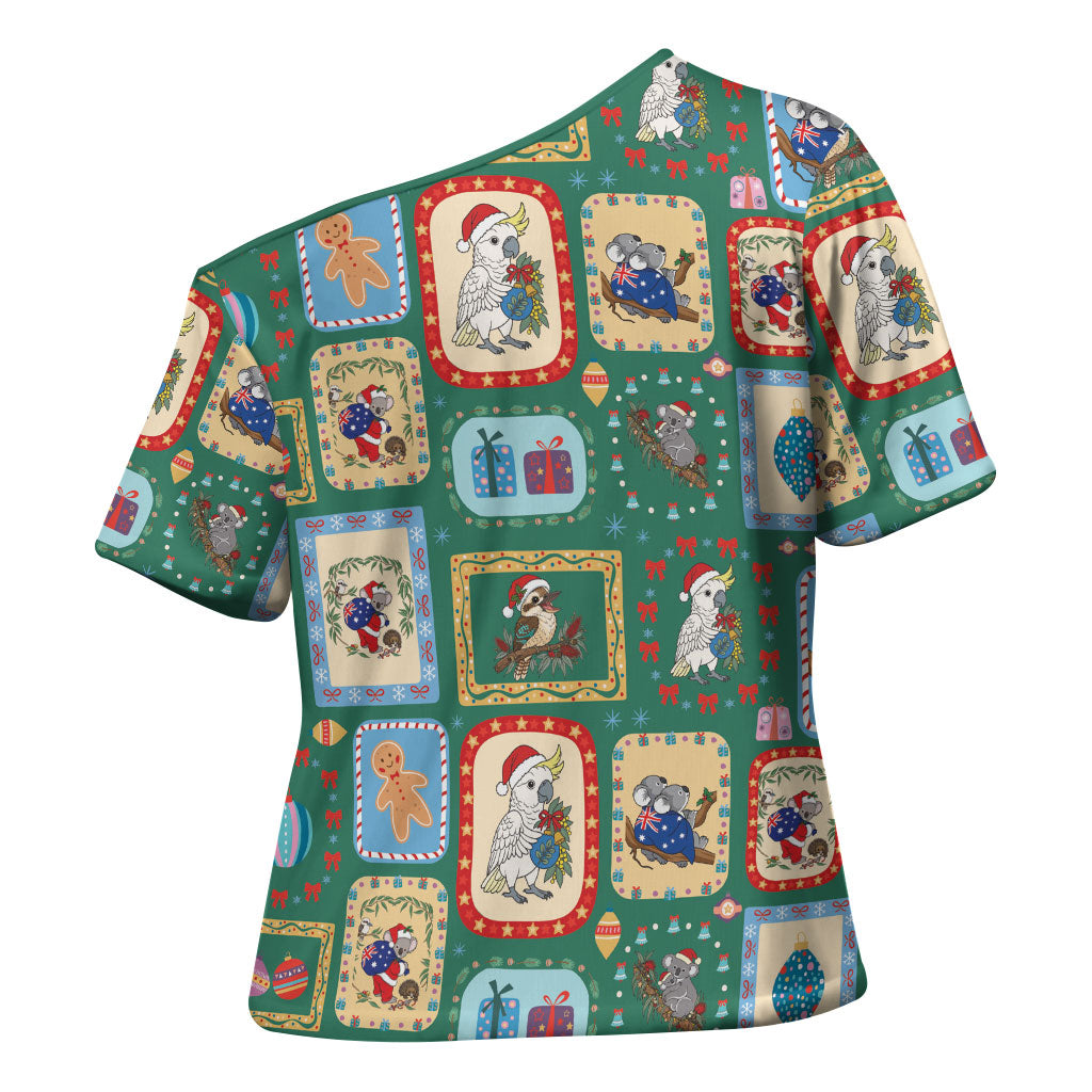 Australia Wildlife Christmas Stamp Cross Shoulder Shirt Green Aussie Native Animal Seamless Pattern