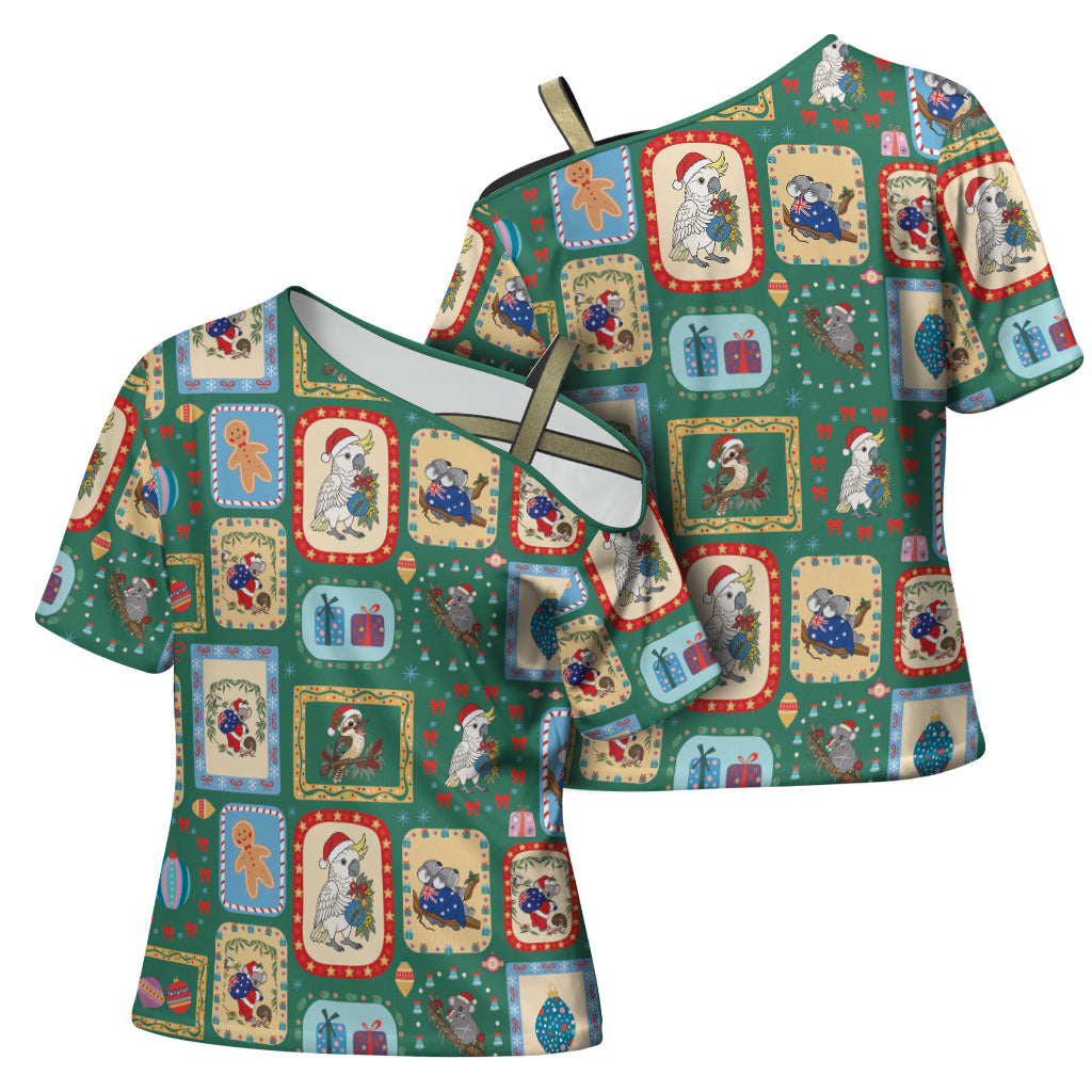 Australia Wildlife Christmas Stamp Cross Shoulder Shirt Green Aussie Native Animal Seamless Pattern