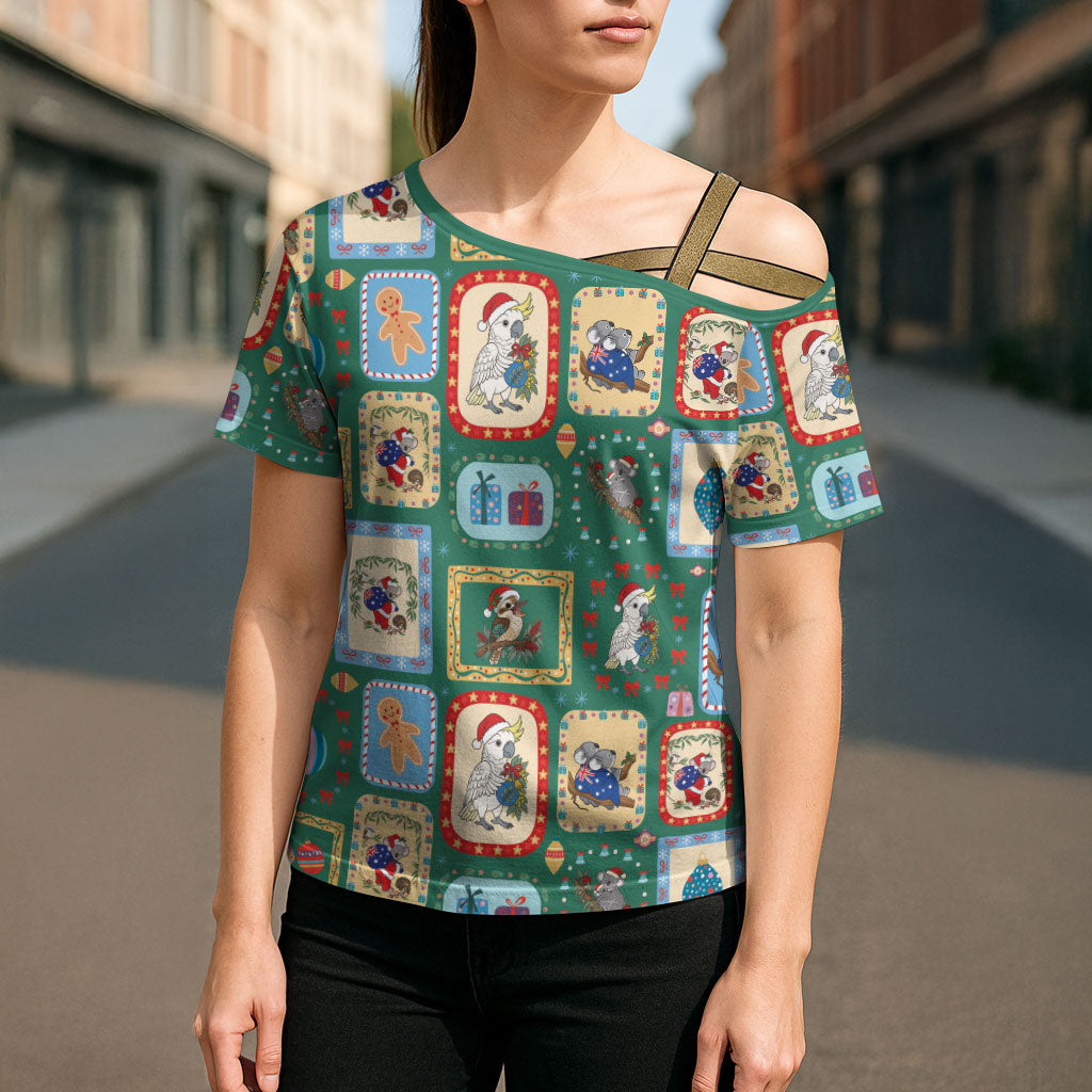 Australia Wildlife Christmas Stamp Cross Shoulder Shirt Green Aussie Native Animal Seamless Pattern