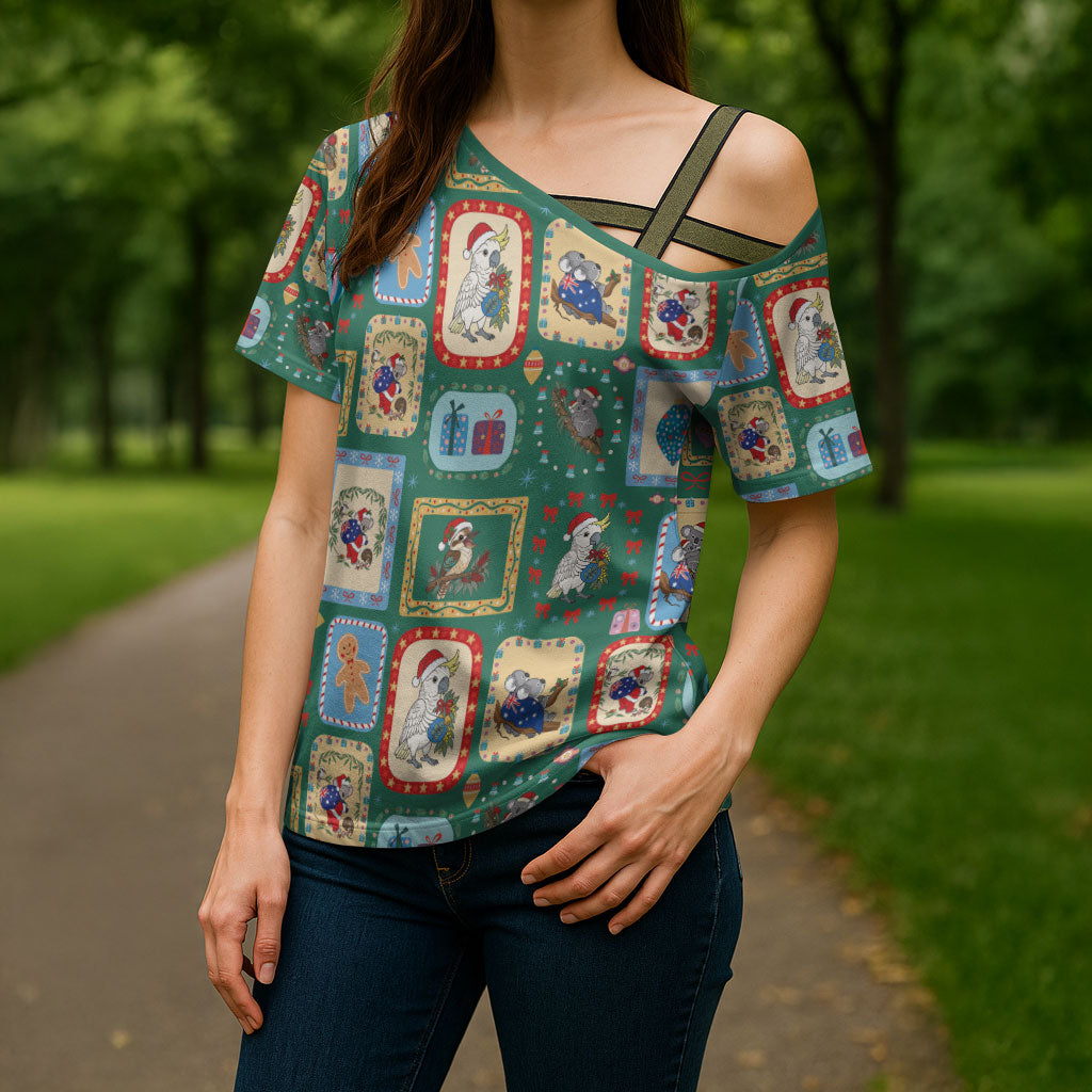 Australia Wildlife Christmas Stamp Cross Shoulder Shirt Green Aussie Native Animal Seamless Pattern