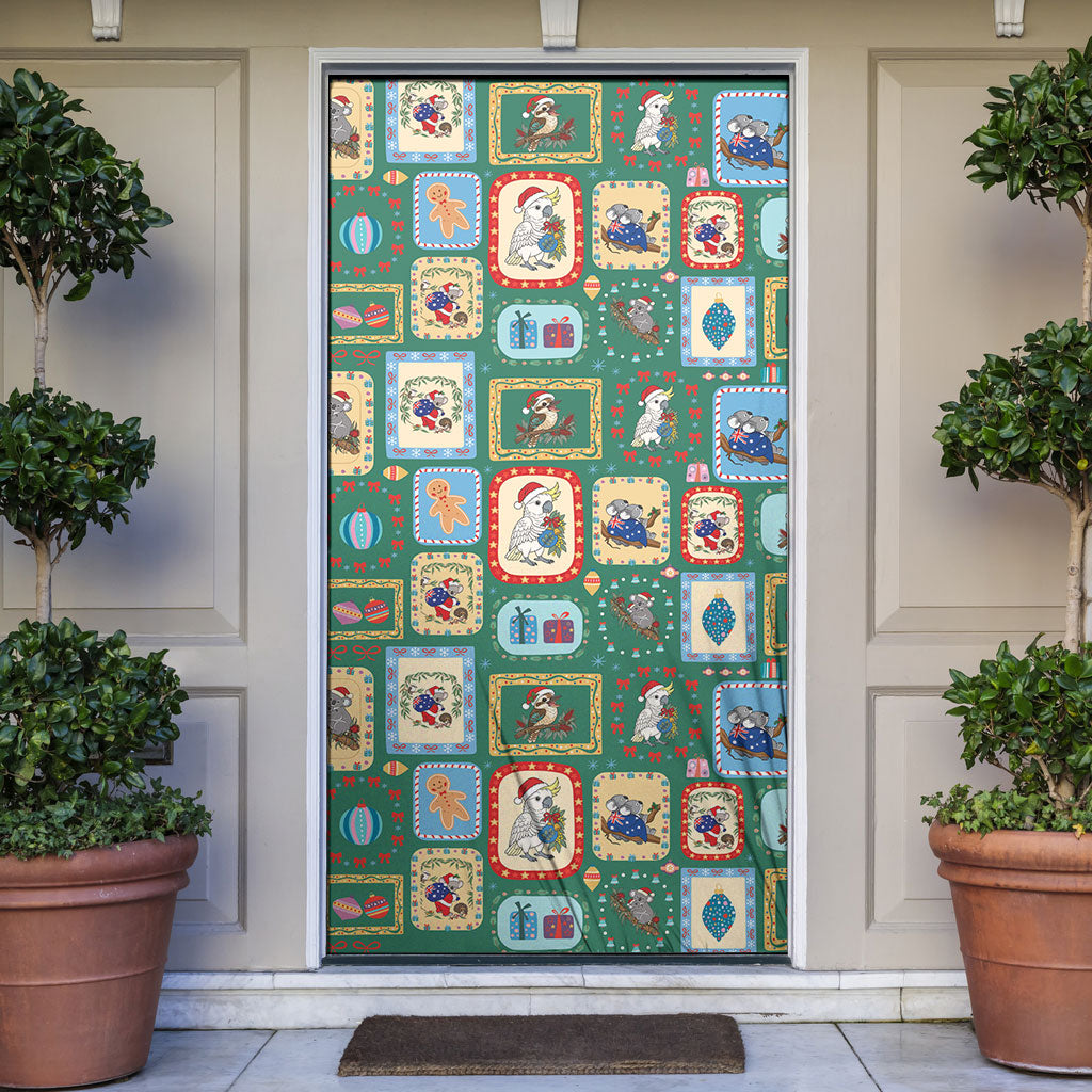 Australia Wildlife Christmas Stamp Door Cover Green Aussie Native Animal Seamless Pattern