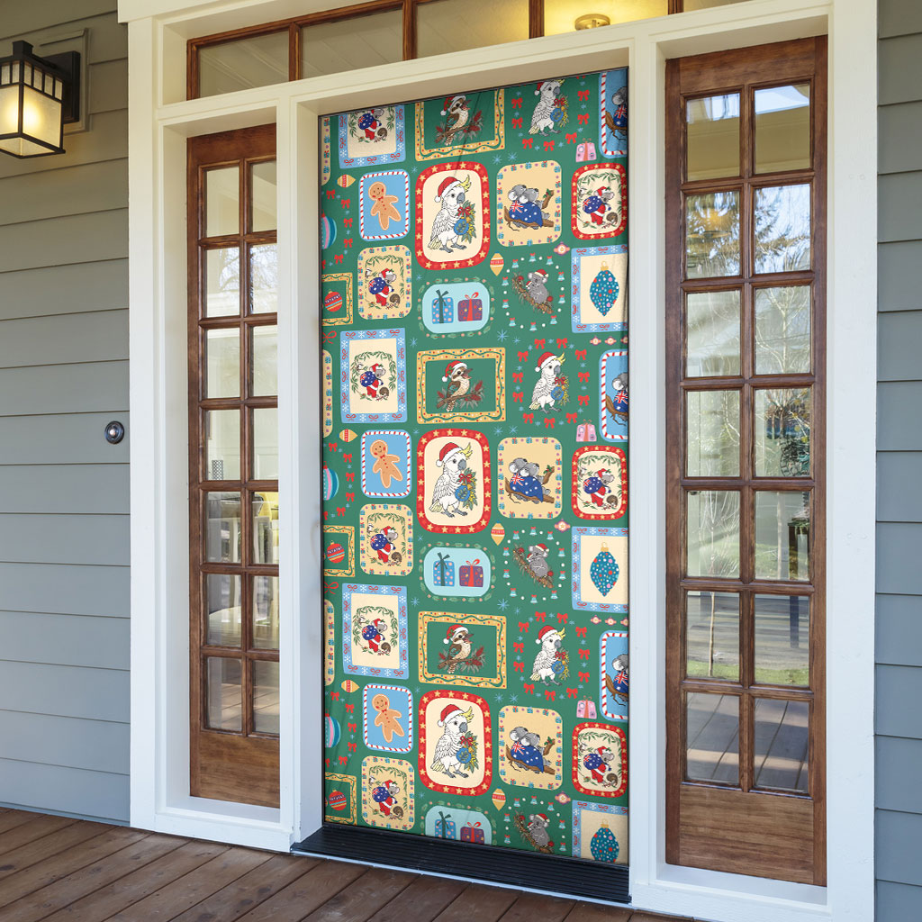 Australia Wildlife Christmas Stamp Door Cover Green Aussie Native Animal Seamless Pattern