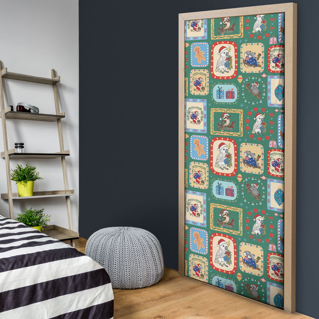 Australia Wildlife Christmas Stamp Door Cover Green Aussie Native Animal Seamless Pattern