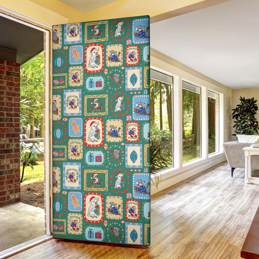 Australia Wildlife Christmas Stamp Door Cover Green Aussie Native Animal Seamless Pattern