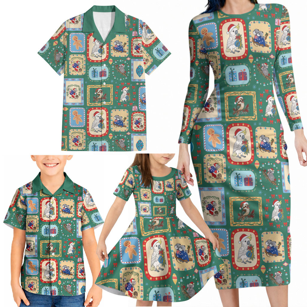 Australia Wildlife Christmas Stamp Family Matching Long Sleeve Bodycon Dress and Hawaiian Shirt Green Aussie Native Animal Seamless Pattern