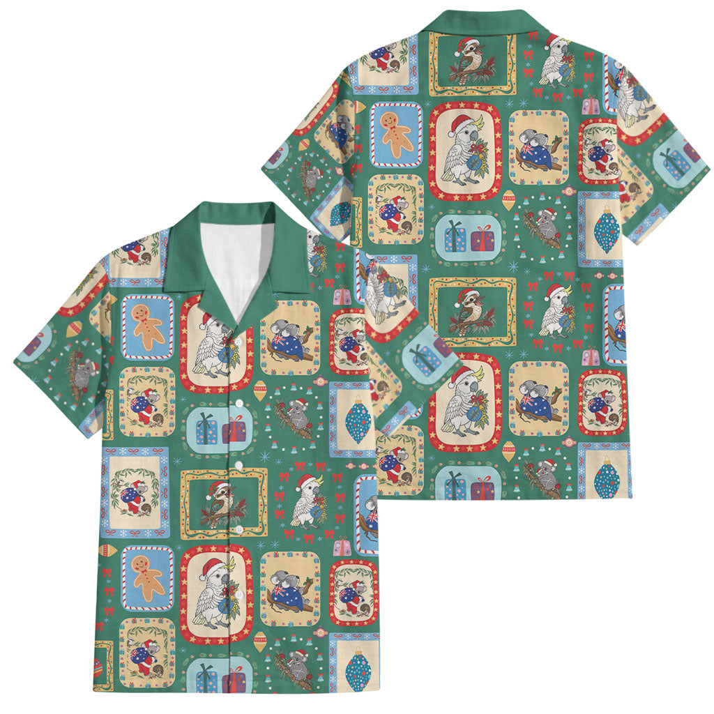 Australia Wildlife Christmas Stamp Family Matching Long Sleeve Bodycon Dress and Hawaiian Shirt Green Aussie Native Animal Seamless Pattern