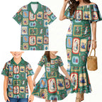 Australia Wildlife Christmas Stamp Family Matching Mermaid Dress and Hawaiian Shirt Green Aussie Native Animal Seamless Pattern
