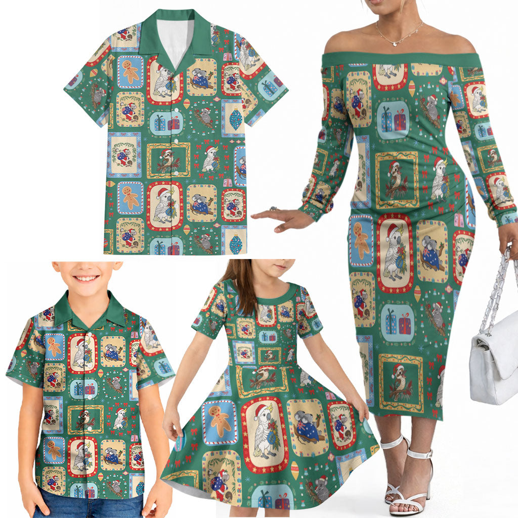 Australia Wildlife Christmas Stamp Family Matching Off The Shoulder Long Sleeve Dress and Hawaiian Shirt Green Aussie Native Animal Seamless Pattern