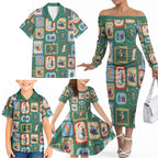 Australia Wildlife Christmas Stamp Family Matching Off The Shoulder Long Sleeve Dress and Hawaiian Shirt Green Aussie Native Animal Seamless Pattern