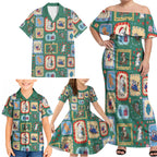 Australia Wildlife Christmas Stamp Family Matching Off Shoulder Maxi Dress and Hawaiian Shirt Green Aussie Native Animal Seamless Pattern