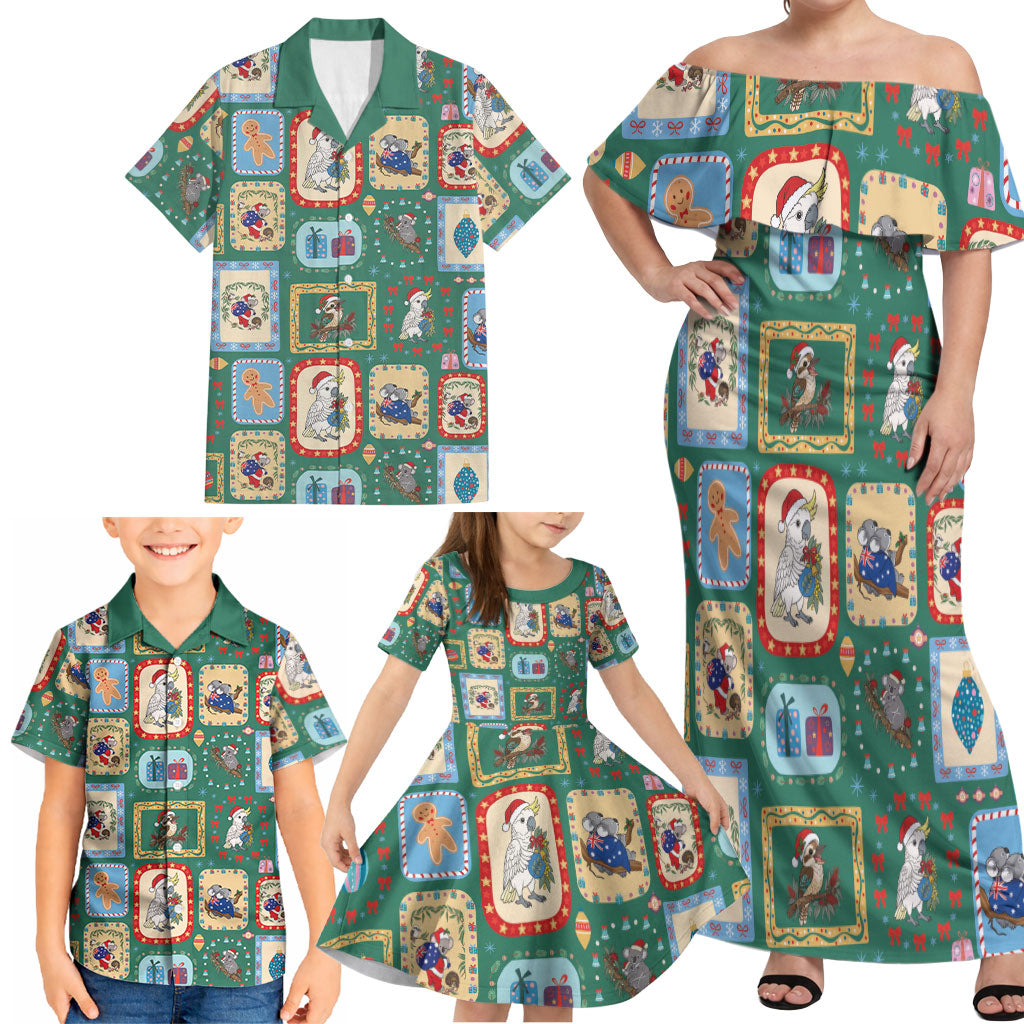 Australia Wildlife Christmas Stamp Family Matching Off Shoulder Maxi Dress and Hawaiian Shirt Green Aussie Native Animal Seamless Pattern