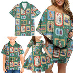 Australia Wildlife Christmas Stamp Family Matching Off Shoulder Short Dress and Hawaiian Shirt Green Aussie Native Animal Seamless Pattern