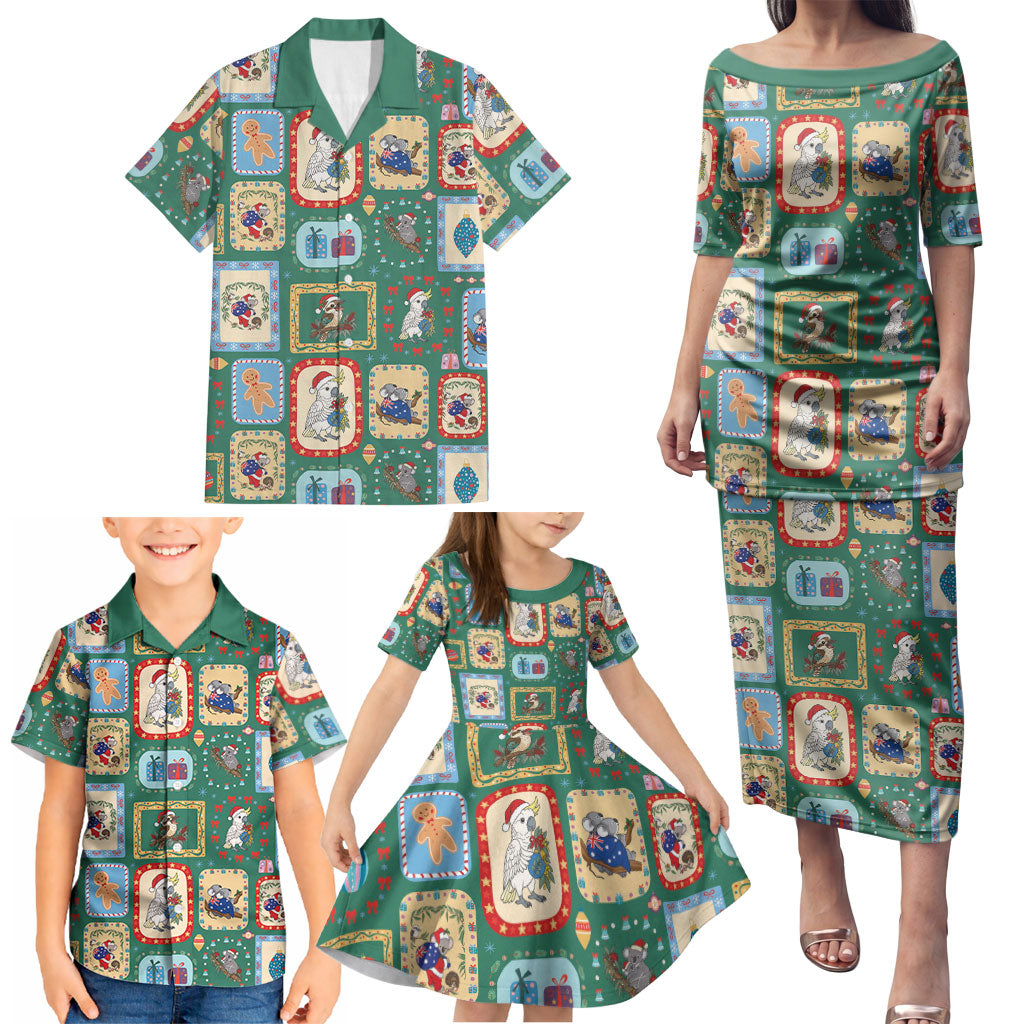 Australia Wildlife Christmas Stamp Family Matching Puletasi and Hawaiian Shirt Green Aussie Native Animal Seamless Pattern