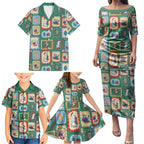 Australia Wildlife Christmas Stamp Family Matching Puletasi and Hawaiian Shirt Green Aussie Native Animal Seamless Pattern