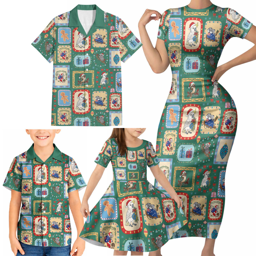 Australia Wildlife Christmas Stamp Family Matching Short Sleeve Bodycon Dress and Hawaiian Shirt Green Aussie Native Animal Seamless Pattern