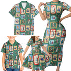 Australia Wildlife Christmas Stamp Family Matching Short Sleeve Bodycon Dress and Hawaiian Shirt Green Aussie Native Animal Seamless Pattern