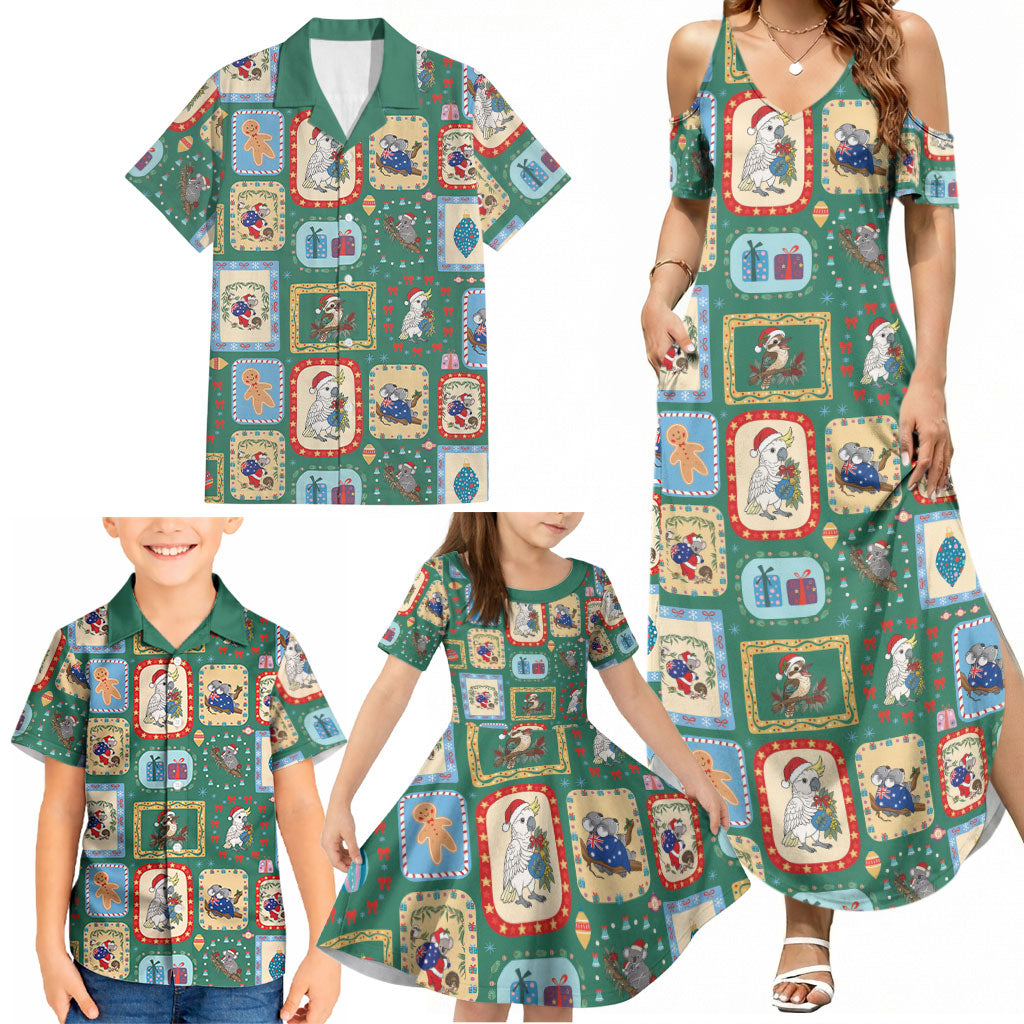 Australia Wildlife Christmas Stamp Family Matching Summer Maxi Dress and Hawaiian Shirt Green Aussie Native Animal Seamless Pattern