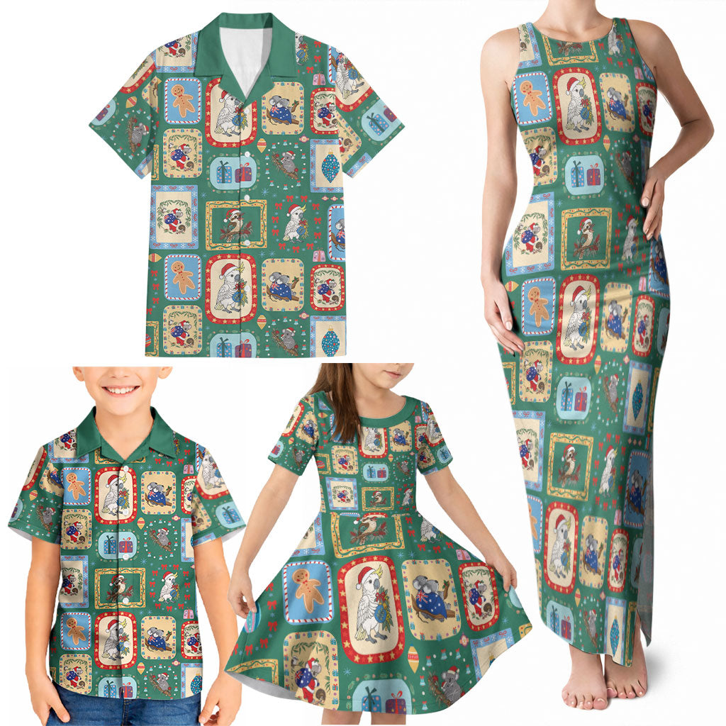 Australia Wildlife Christmas Stamp Family Matching Tank Maxi Dress and Hawaiian Shirt Green Aussie Native Animal Seamless Pattern