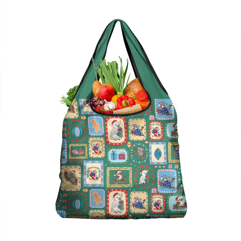 Australia Wildlife Christmas Stamp Grocery Bag Green Aussie Native Animal Seamless Pattern