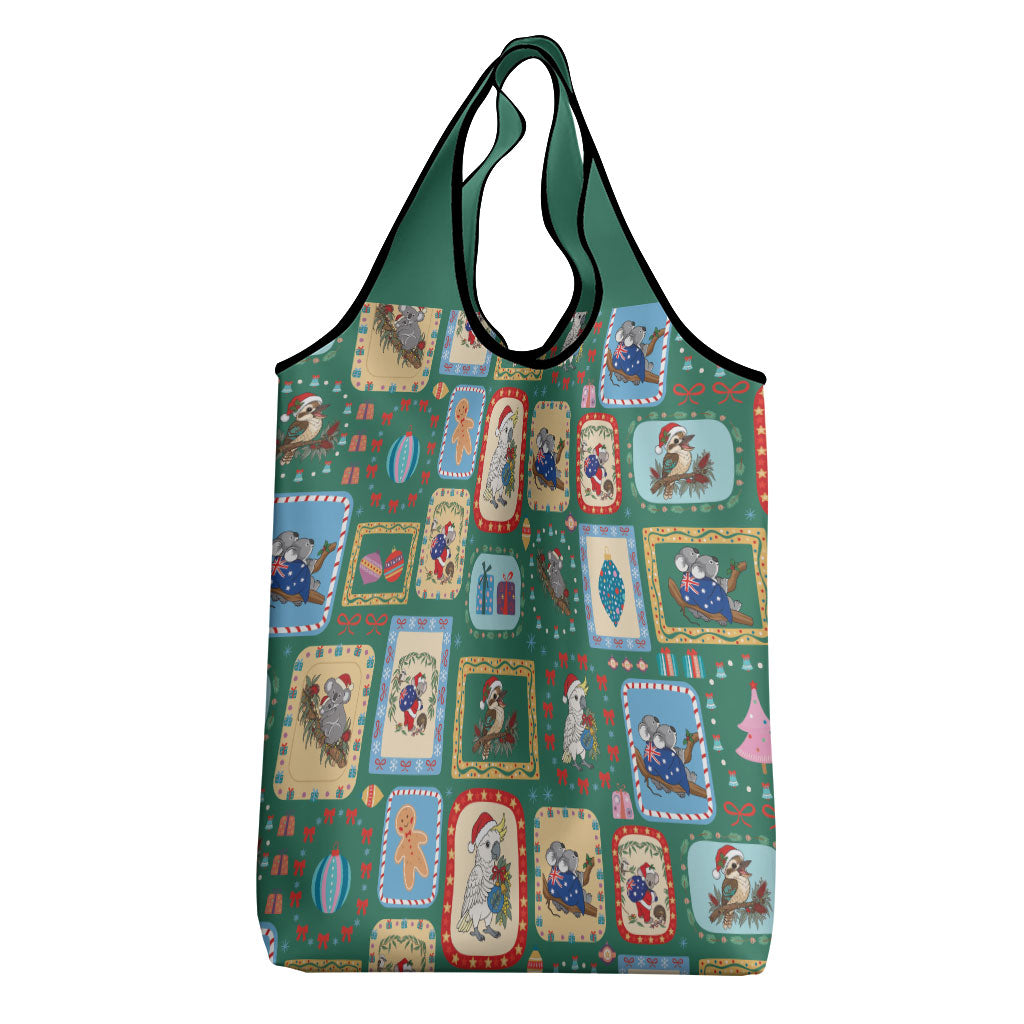 Australia Wildlife Christmas Stamp Grocery Bag Green Aussie Native Animal Seamless Pattern