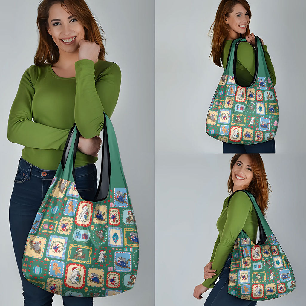 Australia Wildlife Christmas Stamp Grocery Bag Green Aussie Native Animal Seamless Pattern