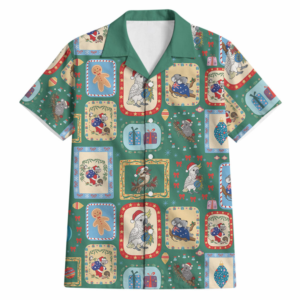 Australia Wildlife Christmas Stamp Hawaiian Shirt Green Aussie Native Animal Seamless Pattern