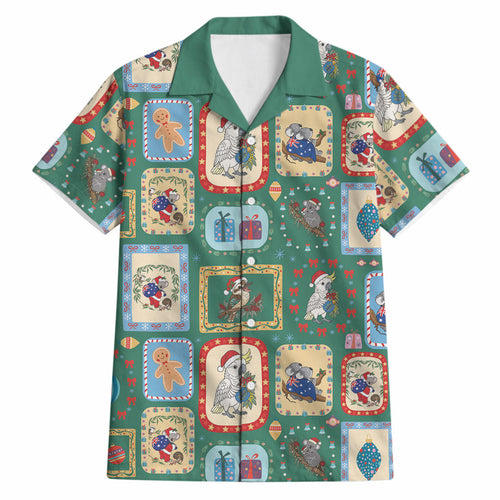 Australia Wildlife Christmas Stamp Hawaiian Shirt Green Aussie Native Animal Seamless Pattern