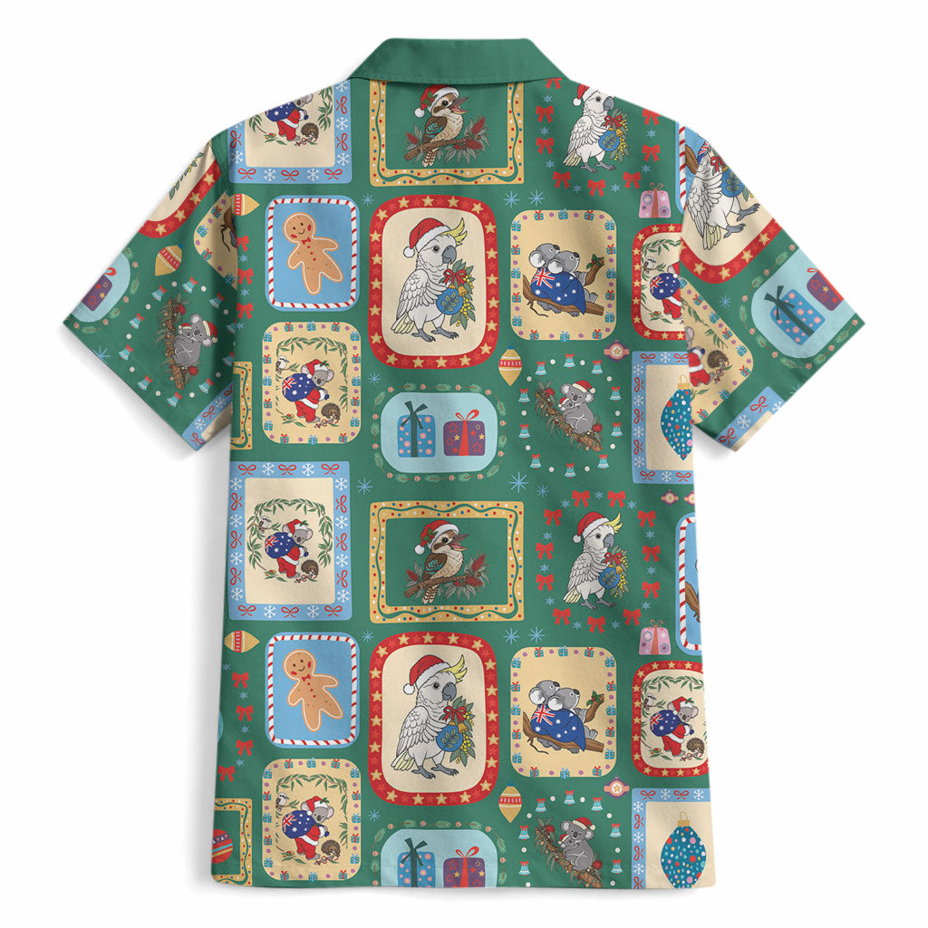 Australia Wildlife Christmas Stamp Hawaiian Shirt Green Aussie Native Animal Seamless Pattern