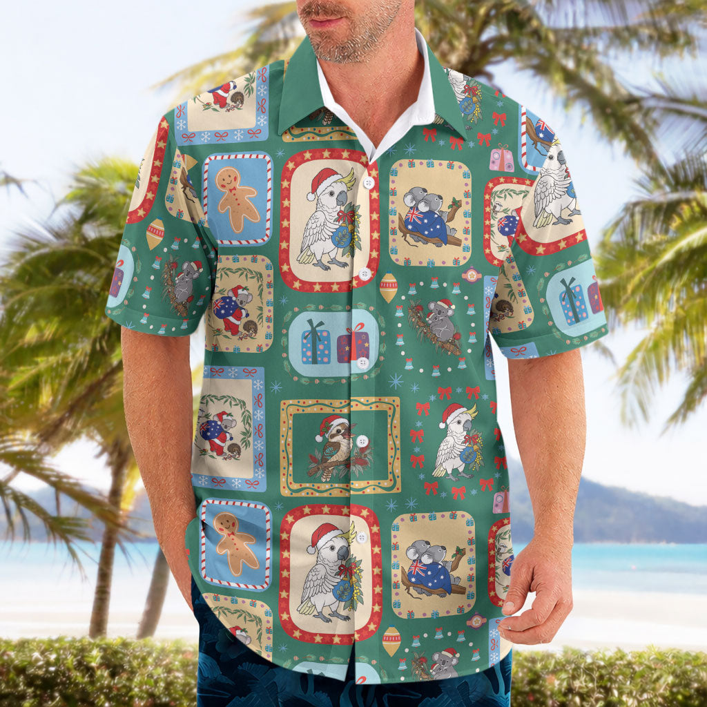 Australia Wildlife Christmas Stamp Hawaiian Shirt Green Aussie Native Animal Seamless Pattern