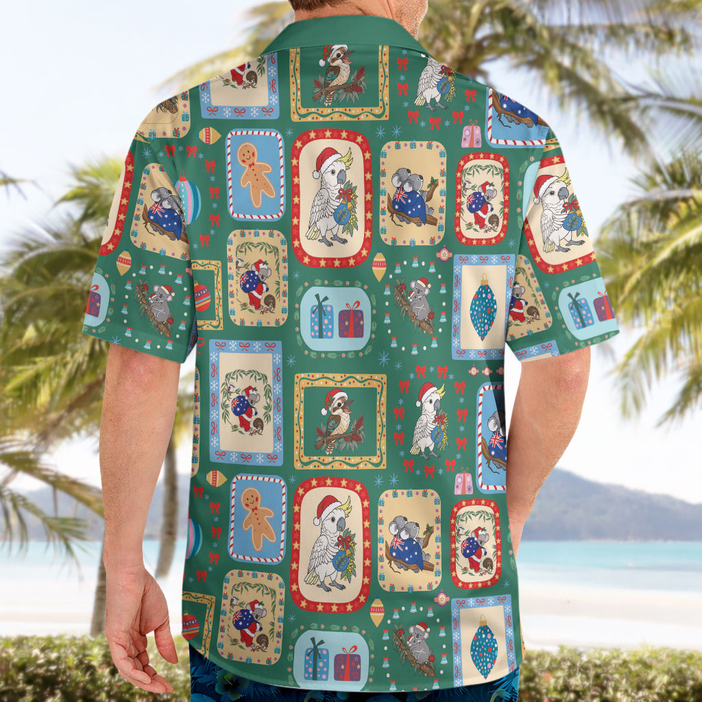 Australia Wildlife Christmas Stamp Hawaiian Shirt Green Aussie Native Animal Seamless Pattern