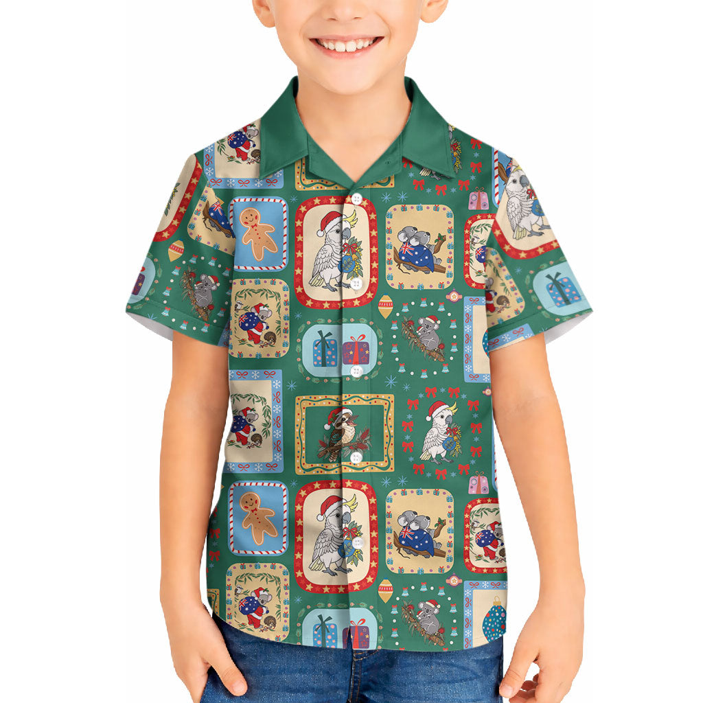 Australia Wildlife Christmas Stamp Hawaiian Shirt Green Aussie Native Animal Seamless Pattern