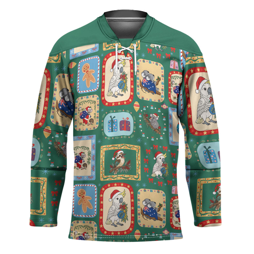Australia Wildlife Christmas Stamp Hockey Jersey Green Aussie Native Animal Seamless Pattern
