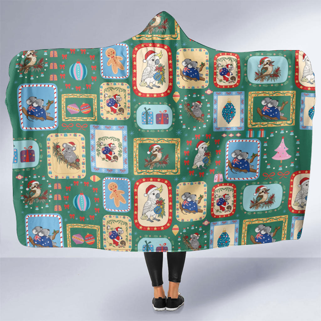 Australia Wildlife Christmas Stamp Hooded Blanket Green Aussie Native Animal Seamless Pattern