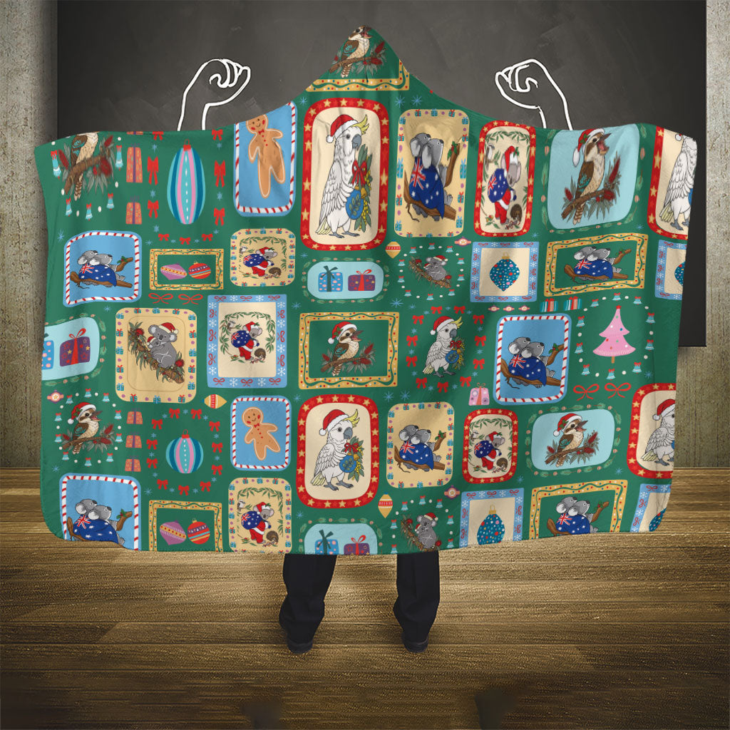 Australia Wildlife Christmas Stamp Hooded Blanket Green Aussie Native Animal Seamless Pattern