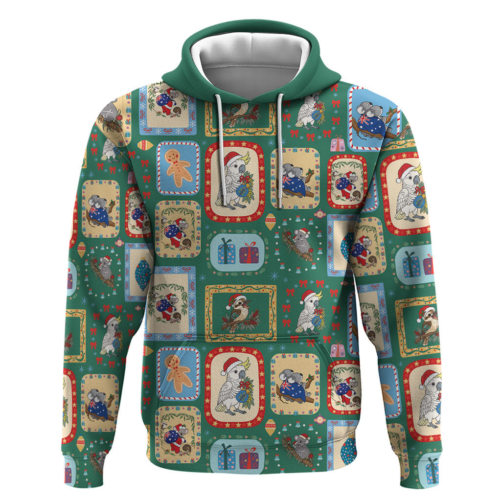 Australia Wildlife Christmas Stamp Hoodie Green Aussie Native Animal Seamless Pattern