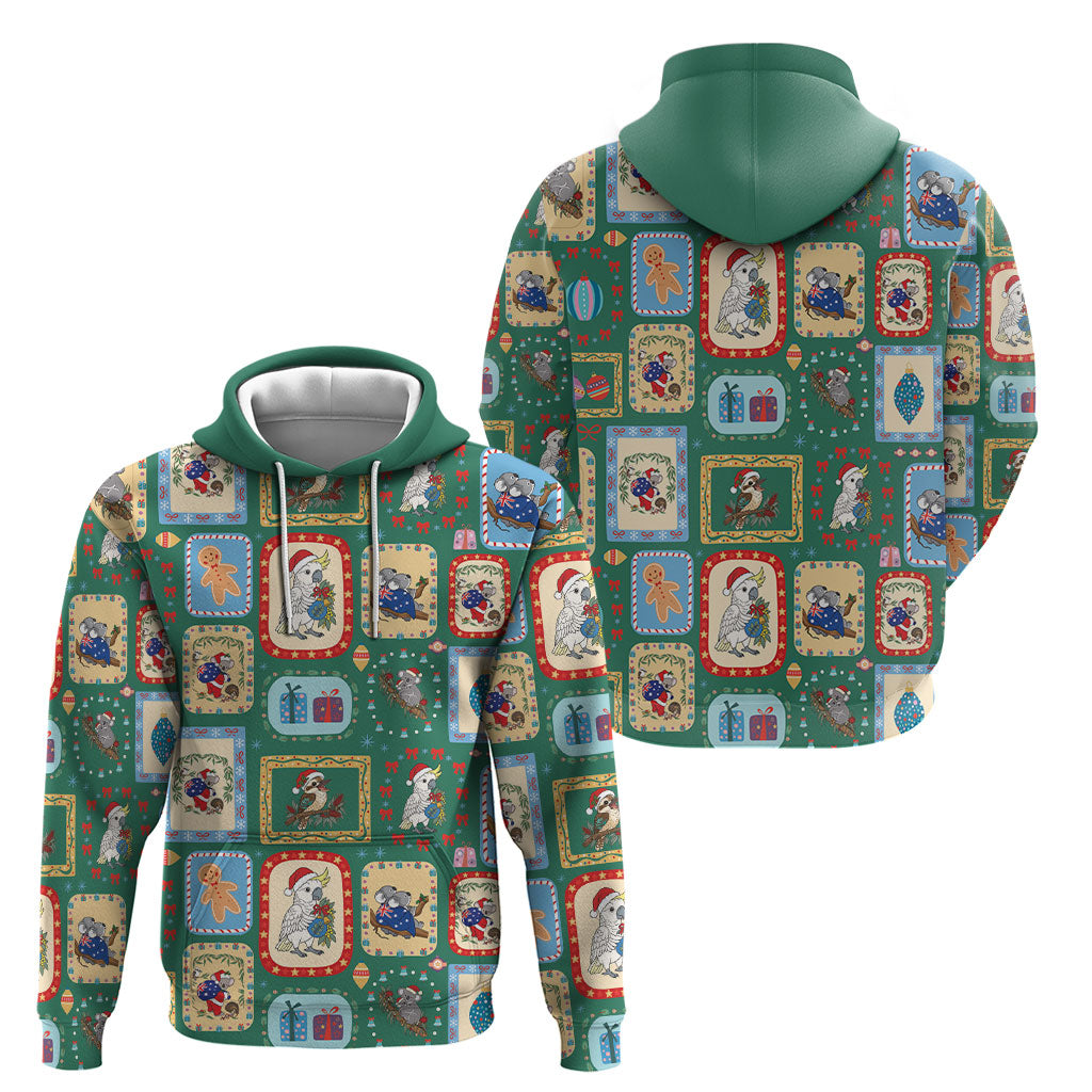 Australia Wildlife Christmas Stamp Hoodie Green Aussie Native Animal Seamless Pattern