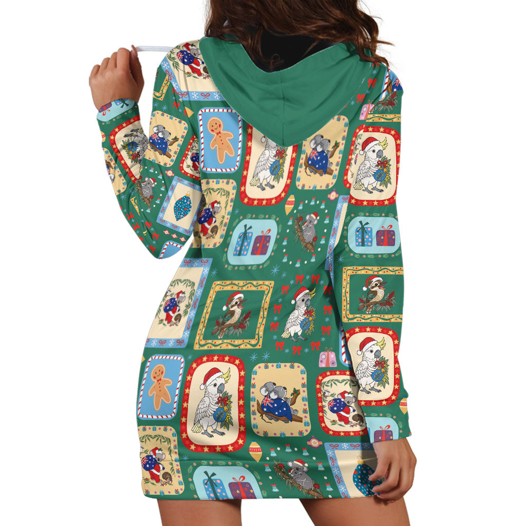 Australia Wildlife Christmas Stamp Hoodie Dress Green Aussie Native Animal Seamless Pattern