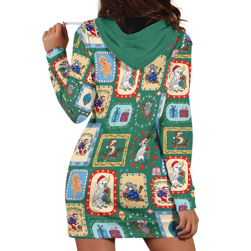 Australia Wildlife Christmas Stamp Hoodie Dress Green Aussie Native Animal Seamless Pattern